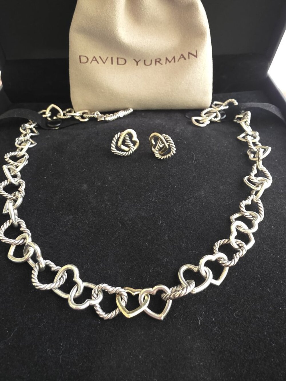 David Yurman Silver Gold Interlocking Cable Heart Necklace and Earrings SET